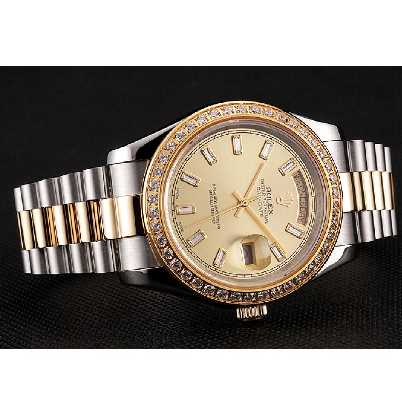 Aaa replica watch Day-Date Swiss Bracelet Dial Two Rolex Bezel 1454103 Tone Champagne Diamond 0607